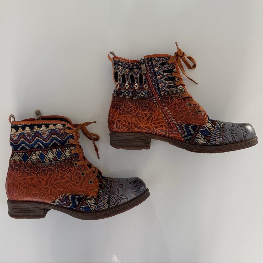 Socofy Boho Patchwork Tapestry Lace-Up Ankle Boots Side Zip Multicolor US 11 New